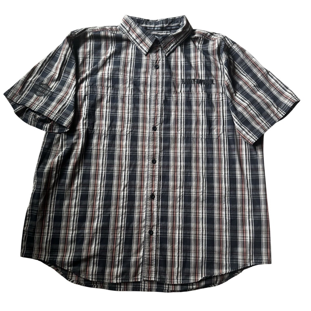 Harley Davidson Button Shirt Men's Short Sleeve Motorcycle Plaid Embroidered 3XL